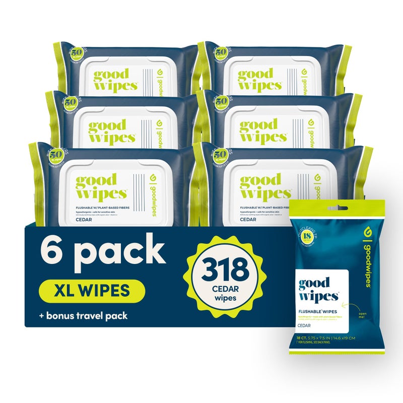 goodwipes Flushable Butt Wipes Vitamin E Aloe Sewer Septic Safe Extra Large Adult Wet Wipes For Women Men Bathroom Essentials Cedar 318 Count 6 Packs 1 Travel